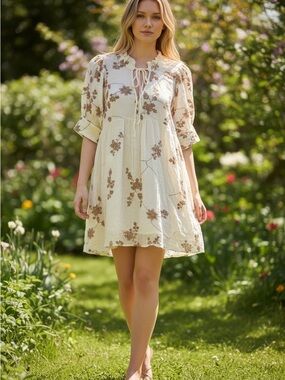 Umgee Cream Mini Dress with Brown Floral Embroidery